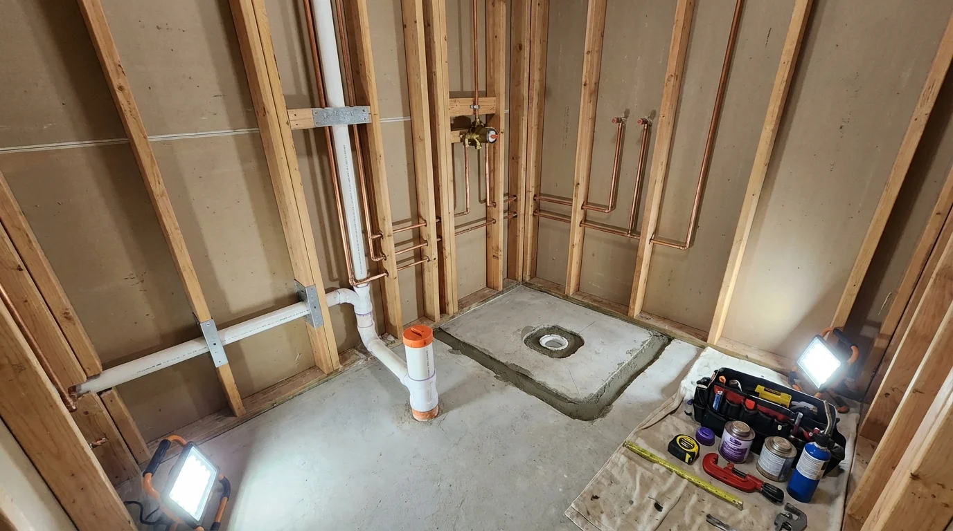 Bathroom rough-in plumbing during remodel by Johns Plumbing LLC in Turner