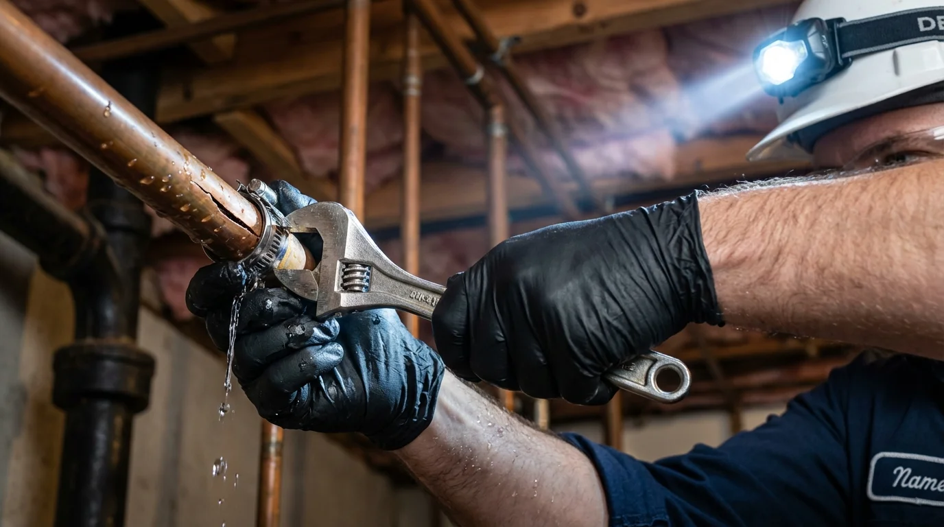 Emergency pipe clamp repair being performed by a Johns Plumbing LLC plumber in Turner