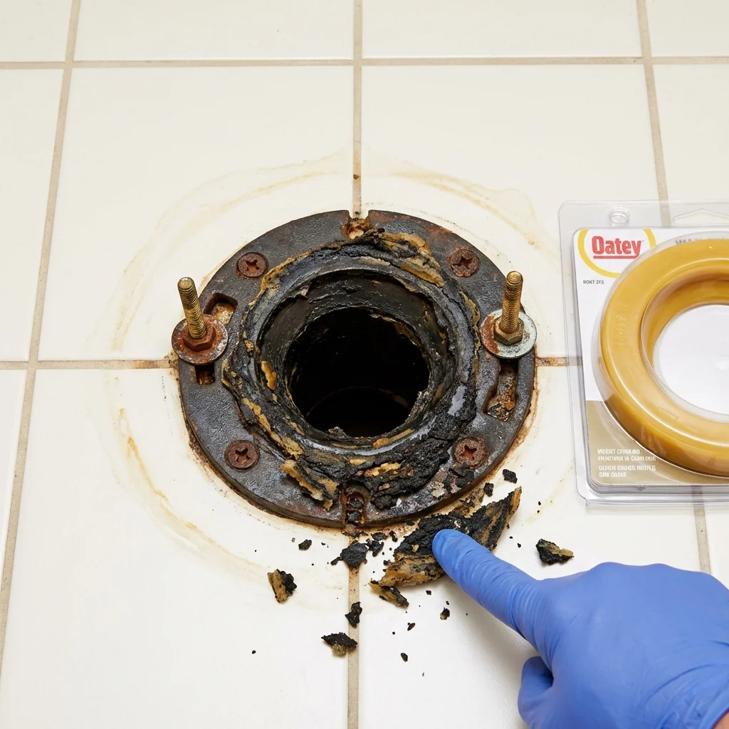 Failed wax ring showing water seepage at the base of a toilet in a Turner, ME home
