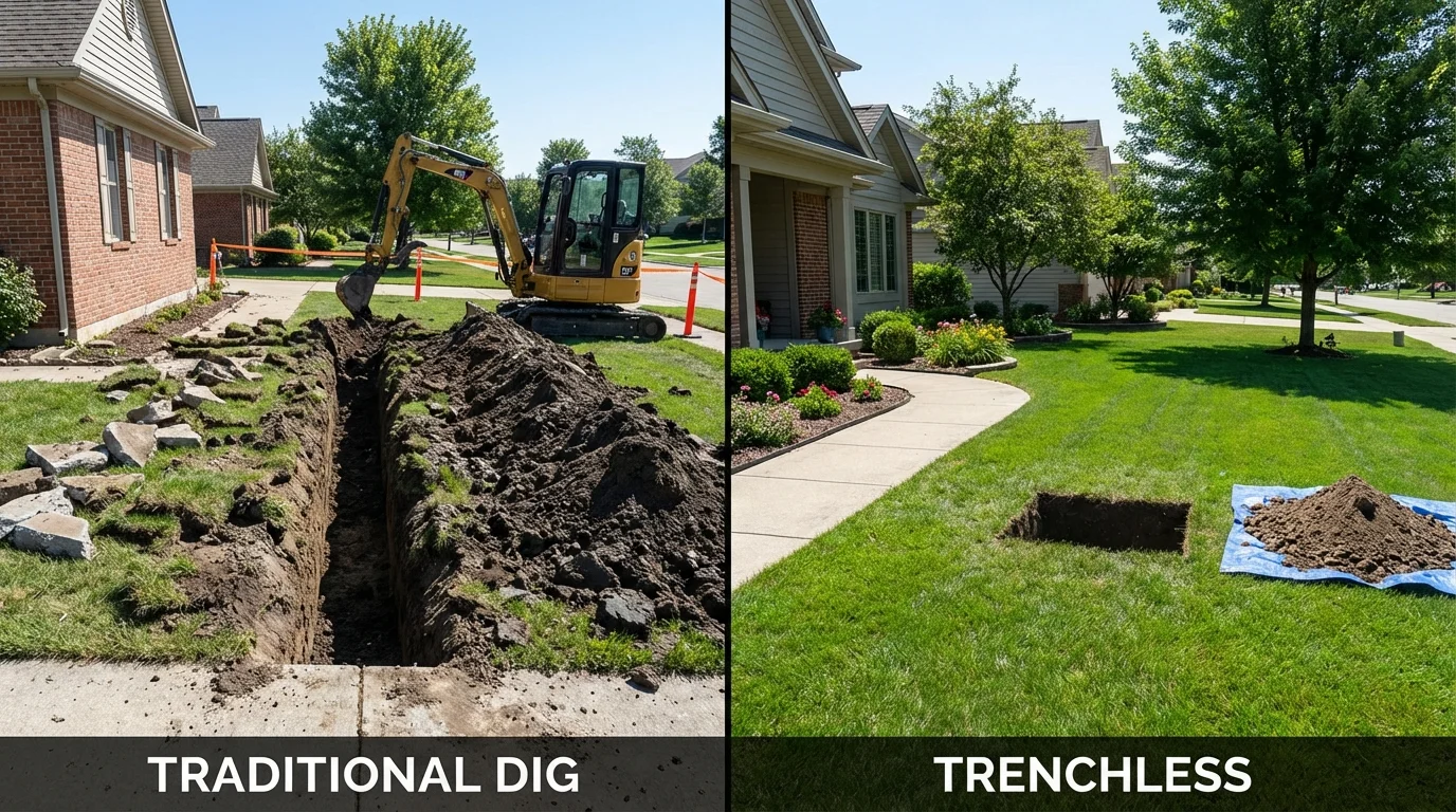 Trenchless sewer repair with minimal yard damage versus traditional excavation in Turner, ME
